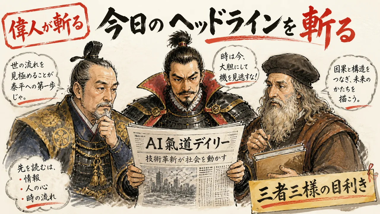 偉人3名が今日のヘッドラインを斬る図解