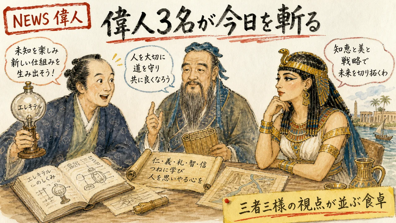 偉人3名が今日のヘッドラインを斬る図解