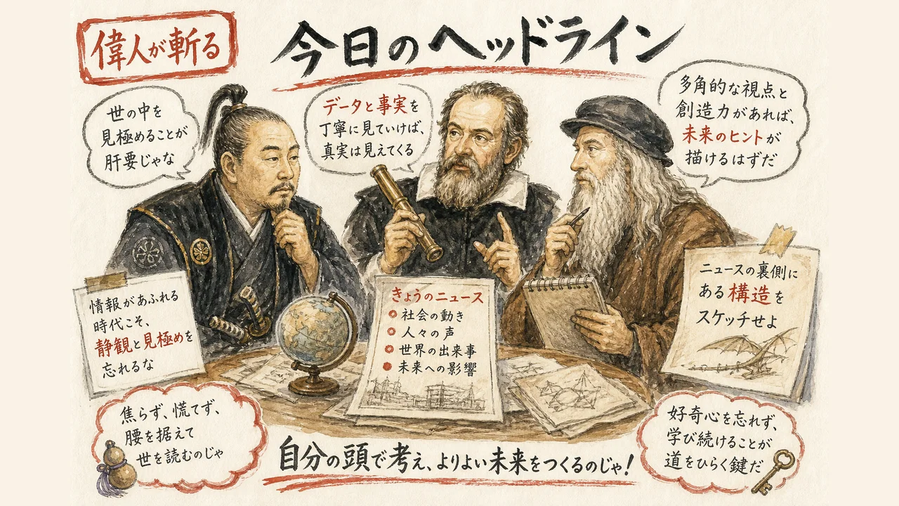 偉人3名が今日のヘッドラインを斬る図解