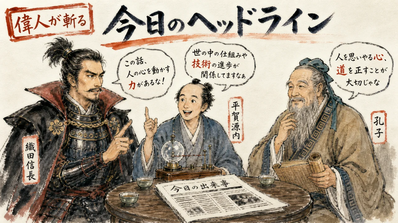 偉人3名が今日のヘッドラインを斬る図解