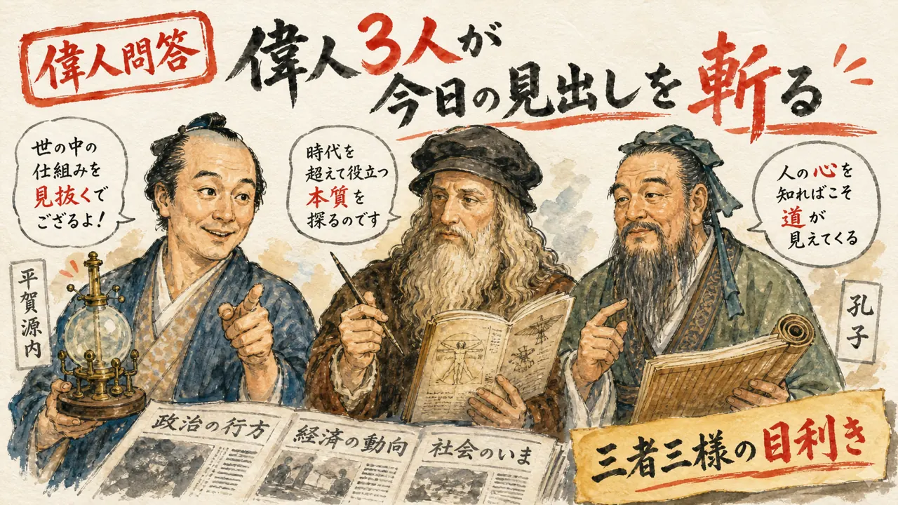 平賀源内・レオナルド・ダ・ヴィンチ・孔子が今日の見出しを斬る図解