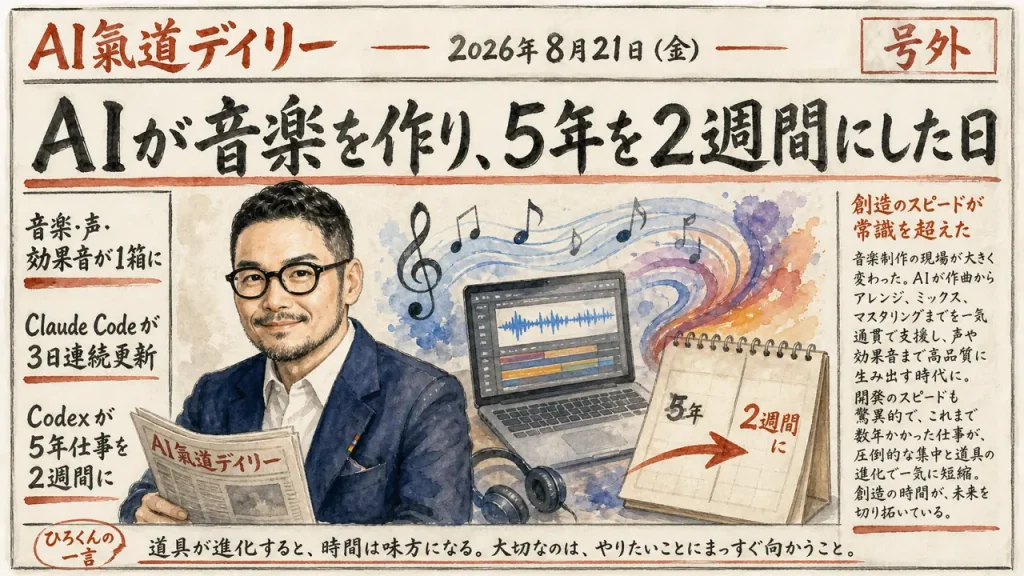 AI氣道デイリー 2026年8月21日 AIが音楽を作り5年を2週間にした日