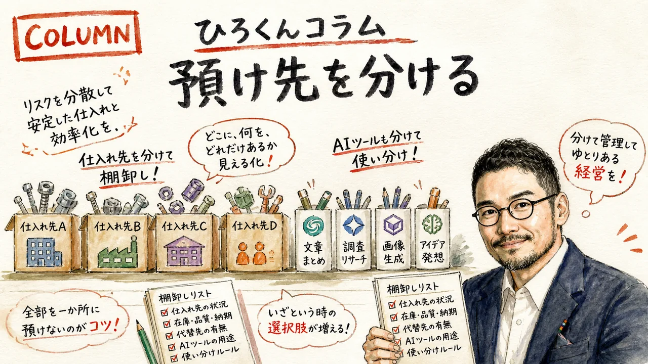 ひろくんが複数の仕入れ先・複数のAIツールを並べて手元に残しているイメージ図解