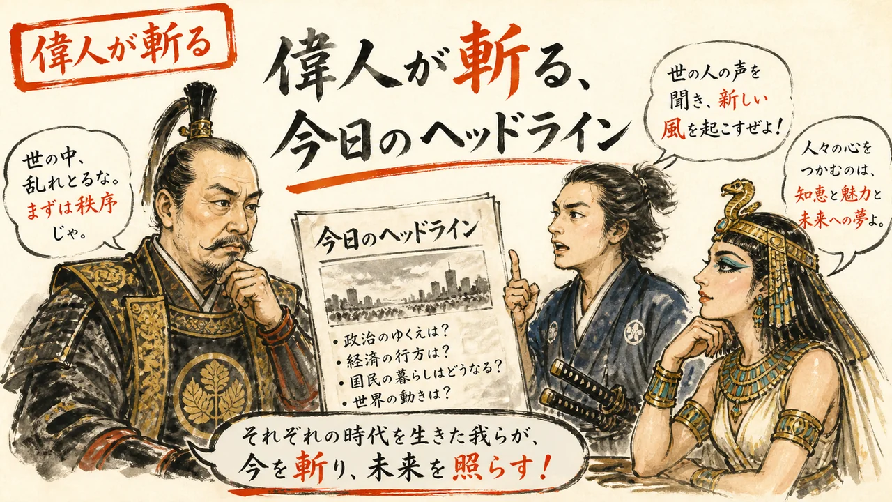 徳川家康・坂本龍馬・クレオパトラが今日のヘッドラインを議論するイメージ図解