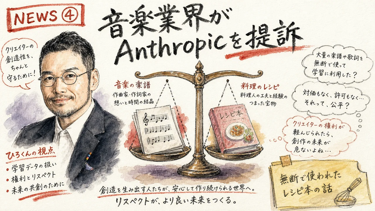 レシピ本の著者に無断で使われていたと訴えるイメージで、楽譜と法廷の象徴が並ぶ図解