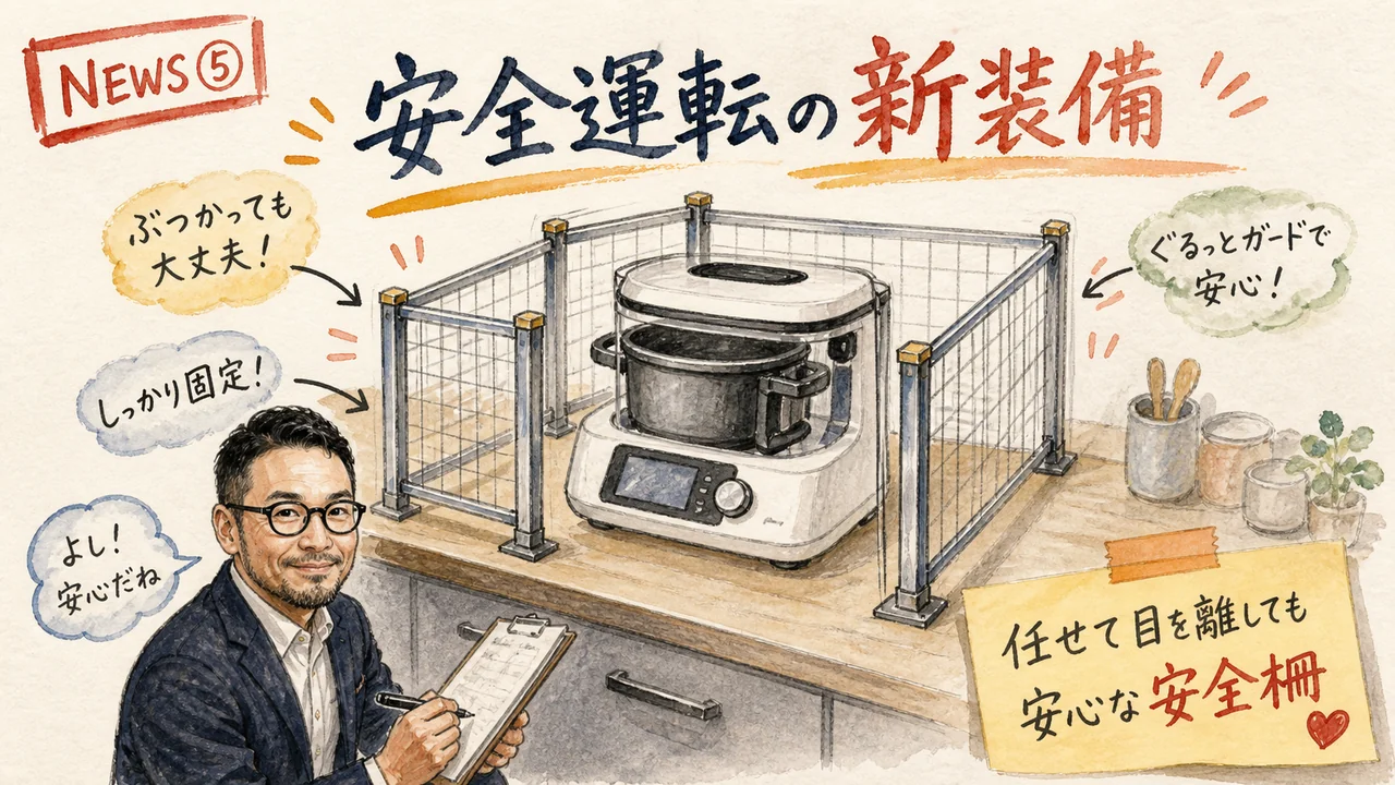 厨房の自動調理器に安全柵が新しく設置されているイメージ図解