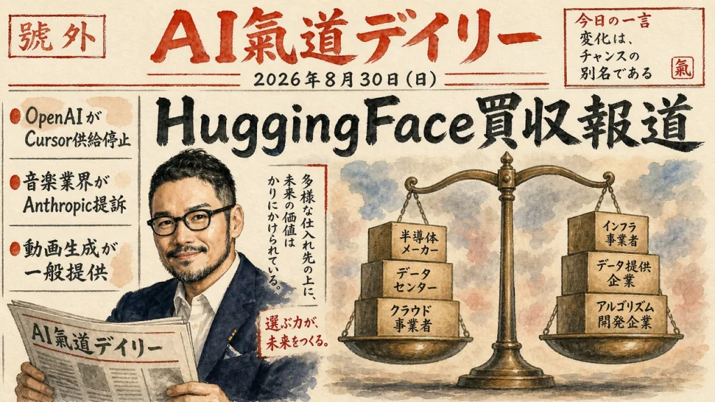AI氣道デイリー2026年8月30日号アイキャッチ。HuggingFace買収報道の天秤イラスト