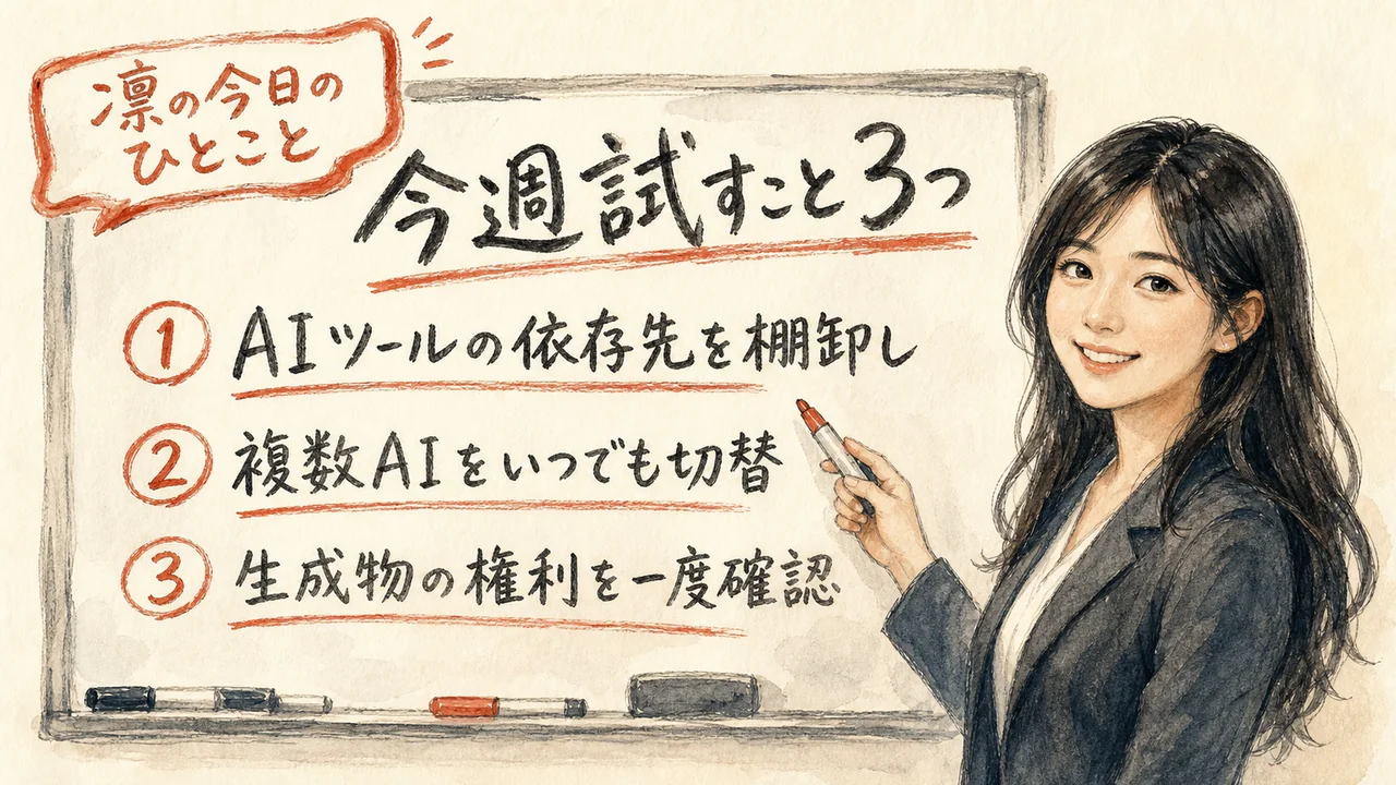 凛ちゃんがホワイトボードに今週試すこと3つのリストを描いているイメージ図解