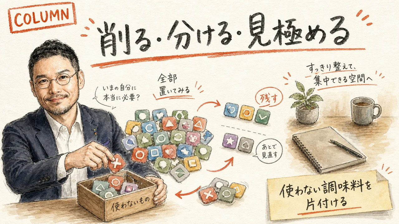 ひろくんが不要なアプリのアイコンを削っていき、手元をシンプルに整理しているイメージ図解