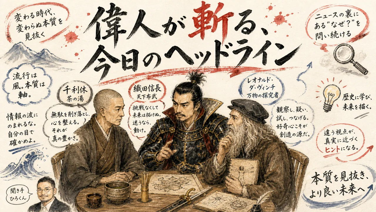 千利休・織田信長・レオナルド・ダ・ヴィンチが今日のヘッドラインを議論するイメージ図解