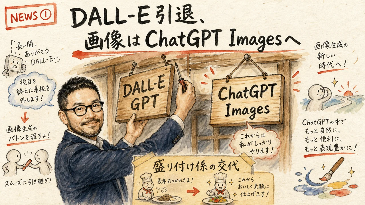 ひろくんが古い看板『DALL-E GPT』を下ろし、新しい看板『ChatGPT Images』に掛け替えているイメージ図解