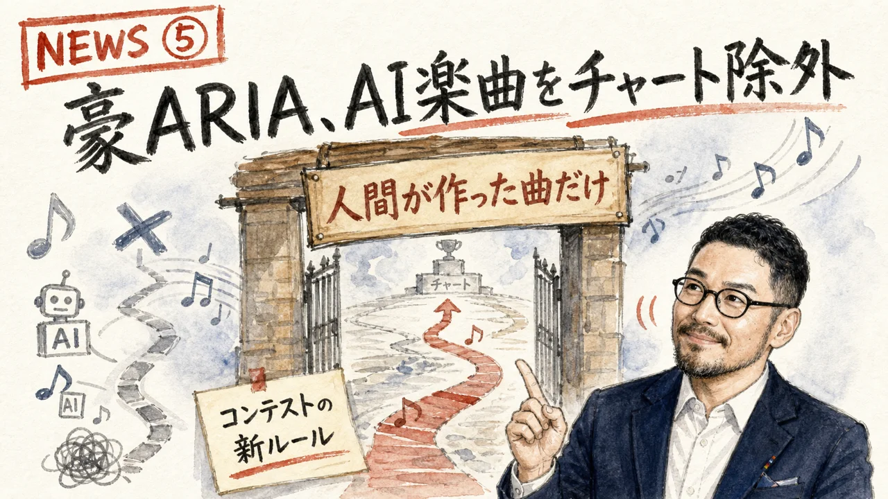 音楽チャートの入口に『人間が作った曲だけ』という看板が新しく立てられているイメージ図解