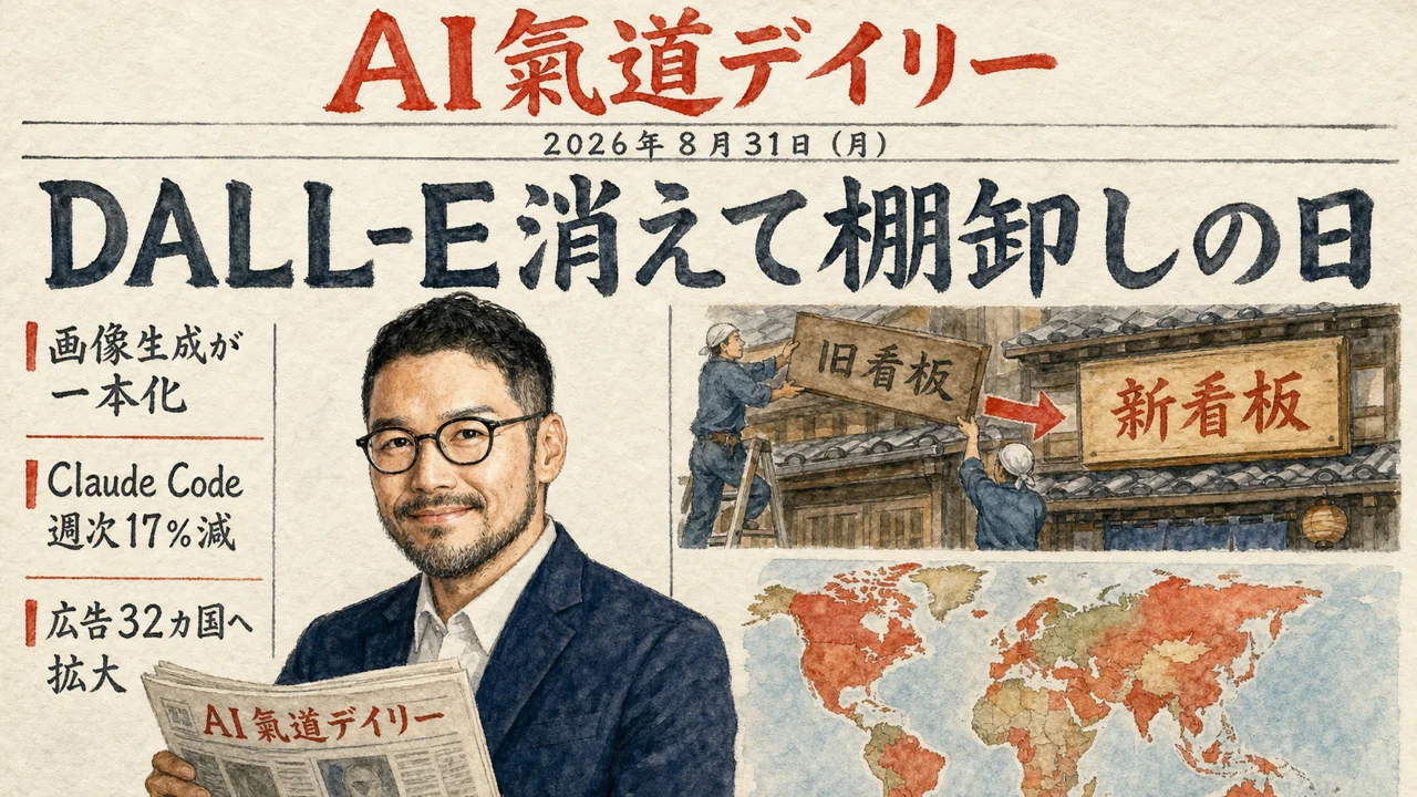 DALL-Eの引退とChatGPT広告拡大を伝えるAIニュース記事のアイキャッチ