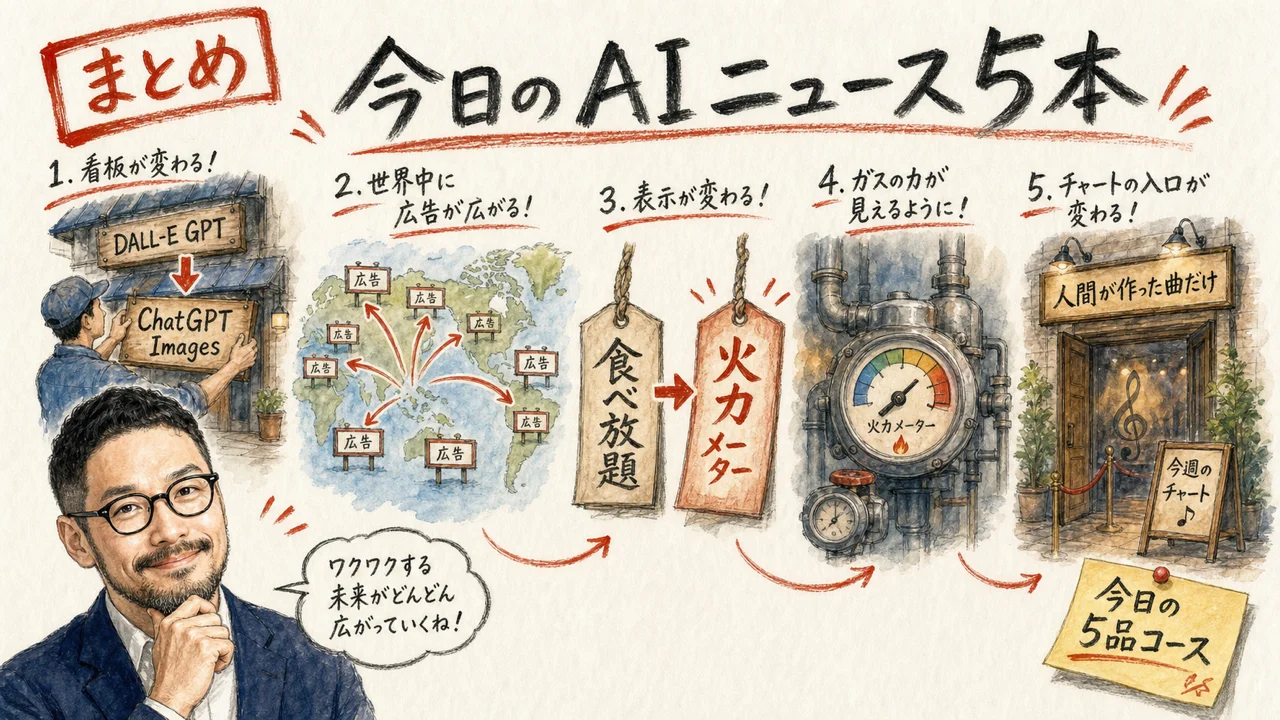 今日のAIニュース5本の全体まとめ図。DALL-E GPT引退とChatGPT Images一本化・ChatGPT Adsのインド稼働と32カ国拡大・Gemini Notebookのコンピュート制限移行・Claude Codeの週次枠実質17%減・豪ARIAのAI生成楽曲チャート除外