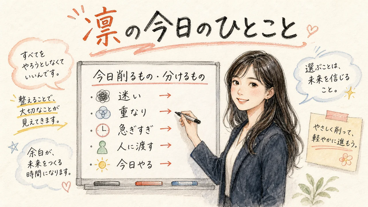 凛ちゃんがホワイトボードに『今日削るもの・分けるもの』のリストを描いているイメージ図解