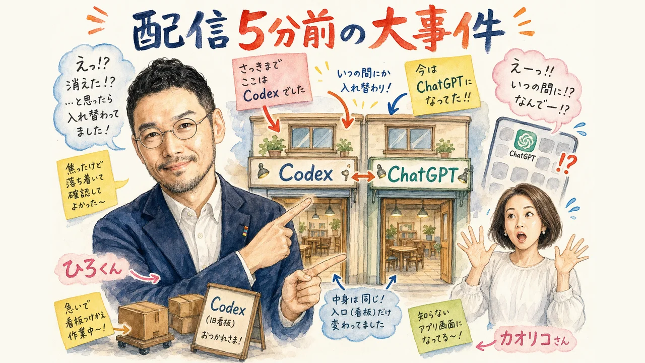 Codexアプリが消えてChatGPTに統合されたことを説明するひろくんの図解