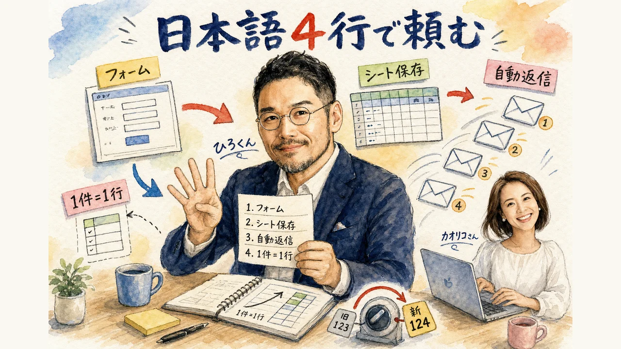 日本語の指示だけでフォームとスプレッドシートと自動返信メールを繋ぐ図解