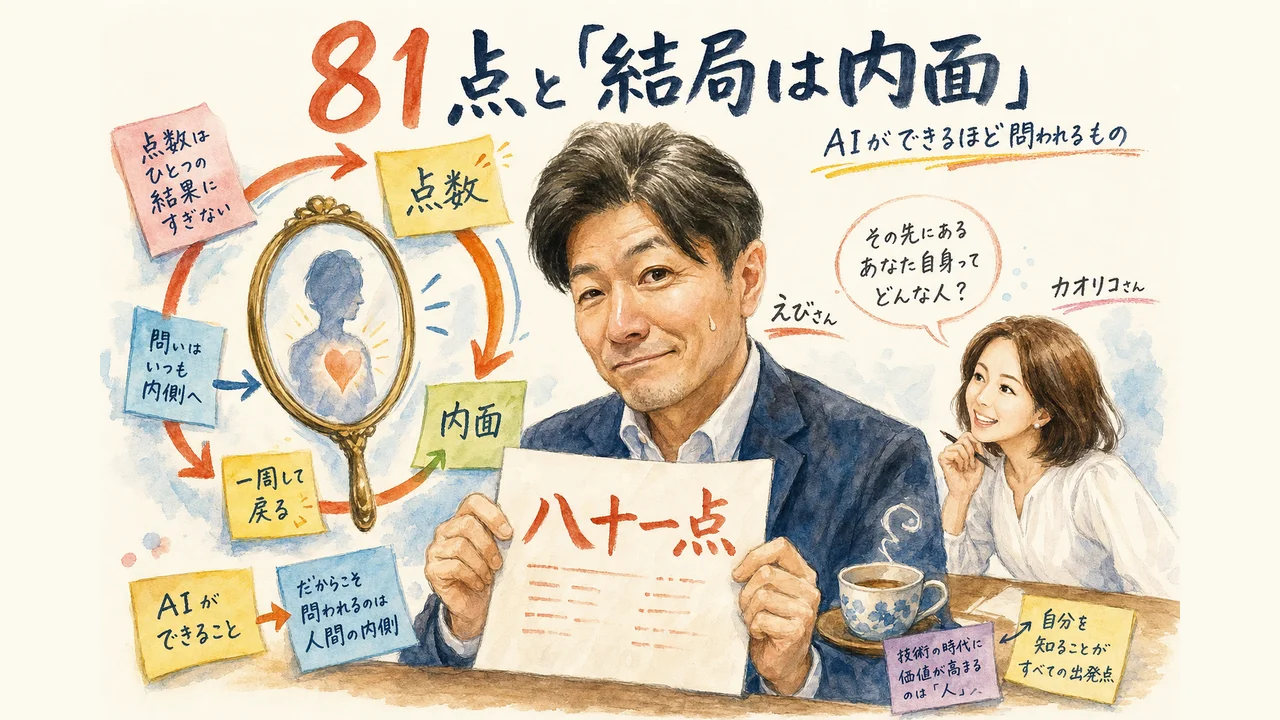 診断81点の結果と内面が問われる時代の話を並べた図解
