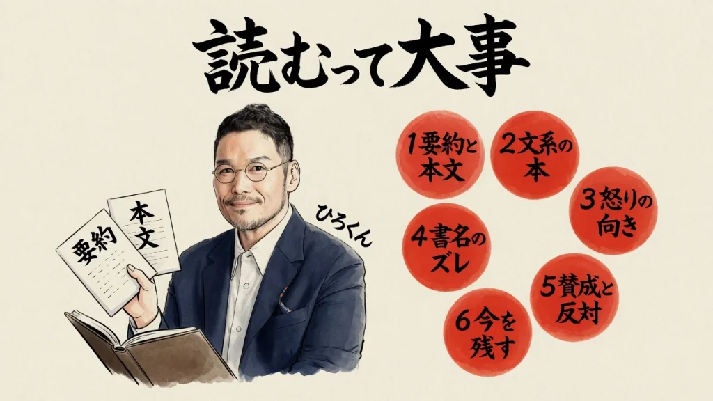 読むって大事——公式要約と本文を並べて6つの学びをまとめた全体図。ひろくんが本を開いている