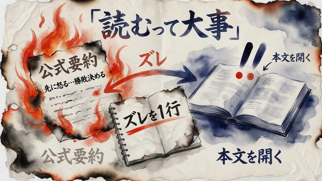 公式要約で先に怒らず、本文を開いてズレを1行書く対比図解