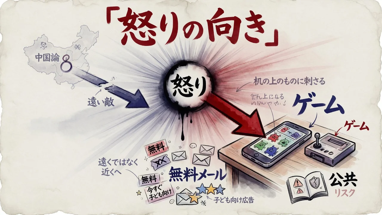 怒りの向きは遠い敵ではなく机の上のゲームと無料メールへ向かう分解図解