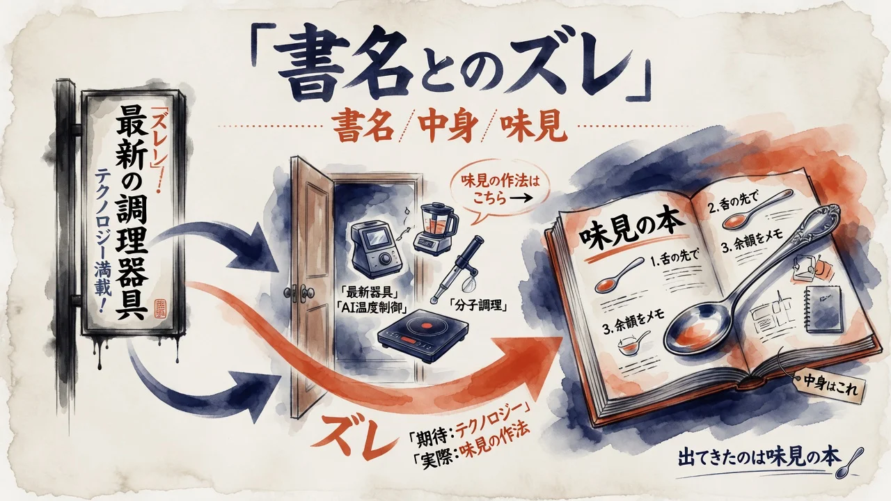 書名は最新器具、中身は味見の作法——書名とのズレの流れ図解
