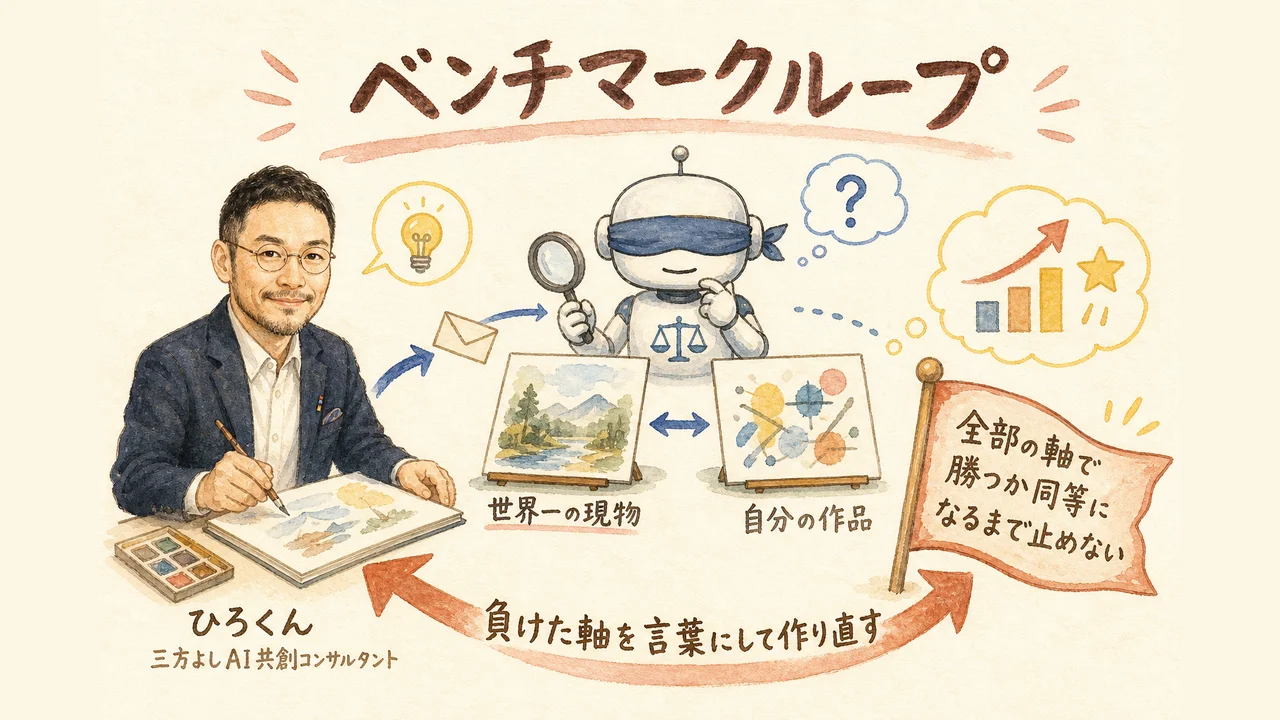 ベンチマークループの全体図：作る側のAIと審査する側のAIを分け、目隠しで実物と比較する流れ