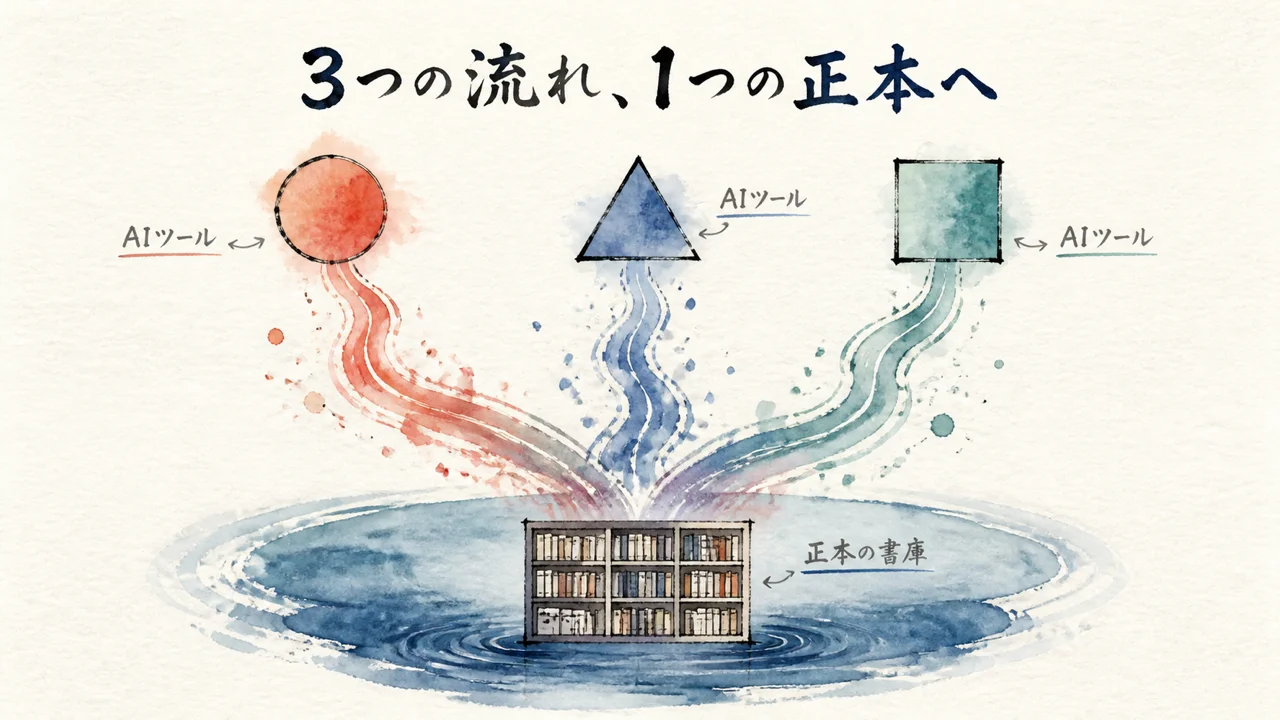 Claude・Codex・Grokの3つの流れが1つの正本に合流する図解