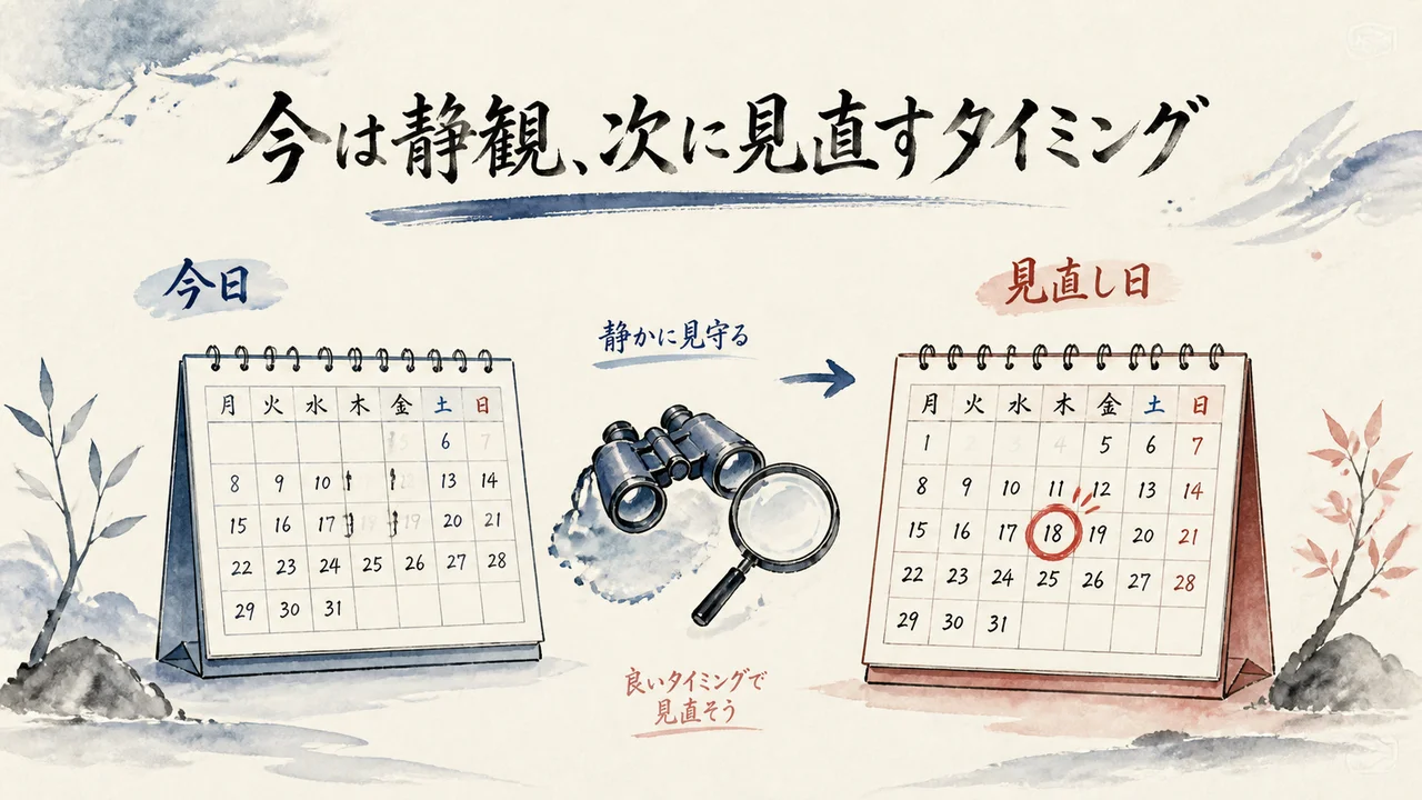今は静観、次に見直すタイミングを示すカレンダーの図解