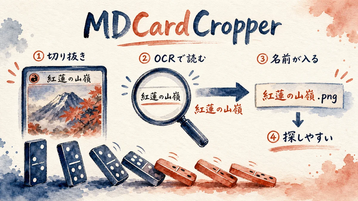 OCRで読んだカード名がファイル名に連鎖するドミノ図解