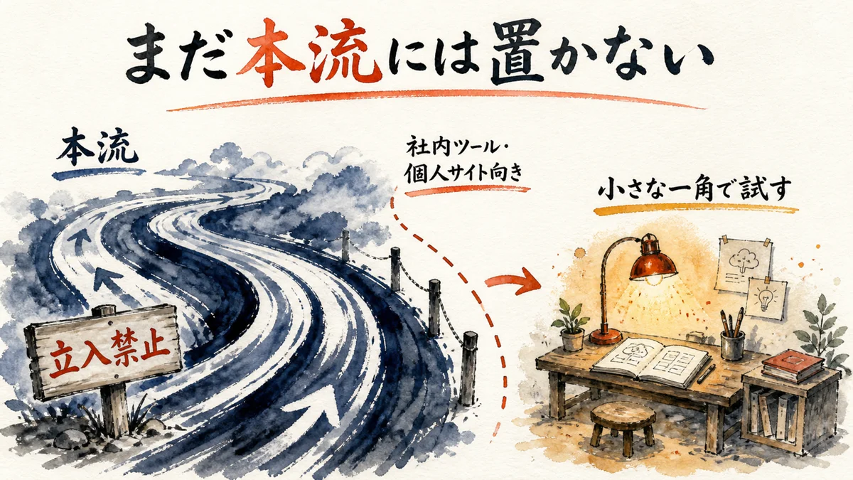 大きな本流とは別に小さな一角に試し置きする対比図解