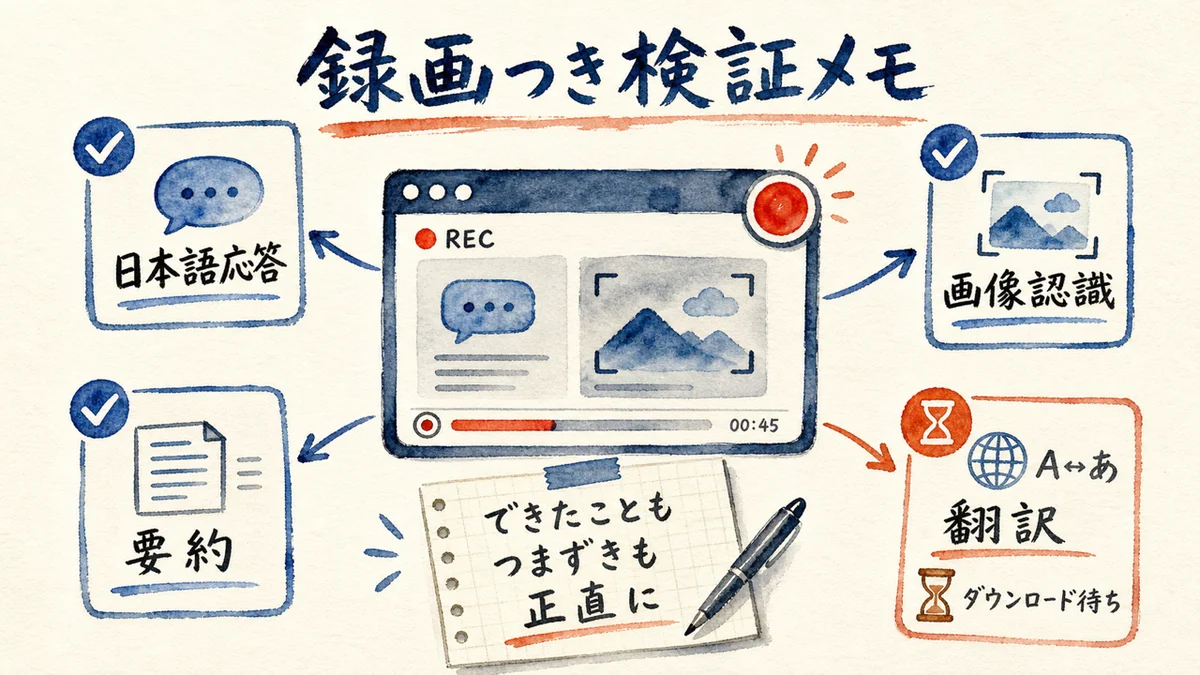 録画つき検証で日本語応答要約画像認識と翻訳保留を記録した図解