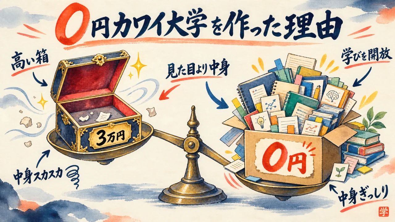 3万円の情報商材と0円カワイ大学の中身を天秤で対比した図解