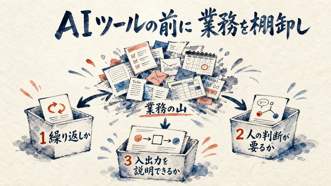 自分の業務を繰り返し・人の判断・入出力の3基準で仕分ける図解