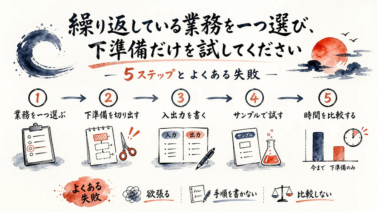 業務を一つ選び5ステップで小さく試す流れの図解