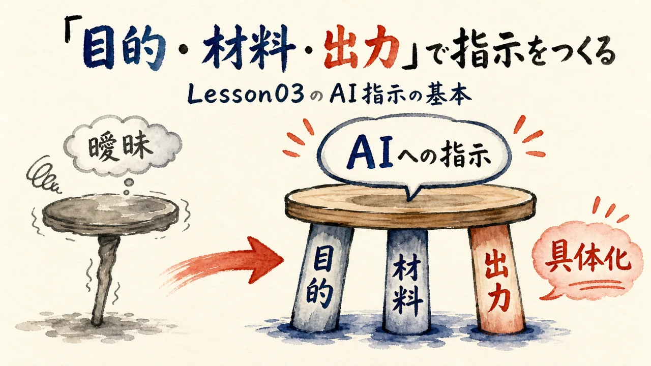 AIへの指示を目的・材料・出力の3本脚で支える図解