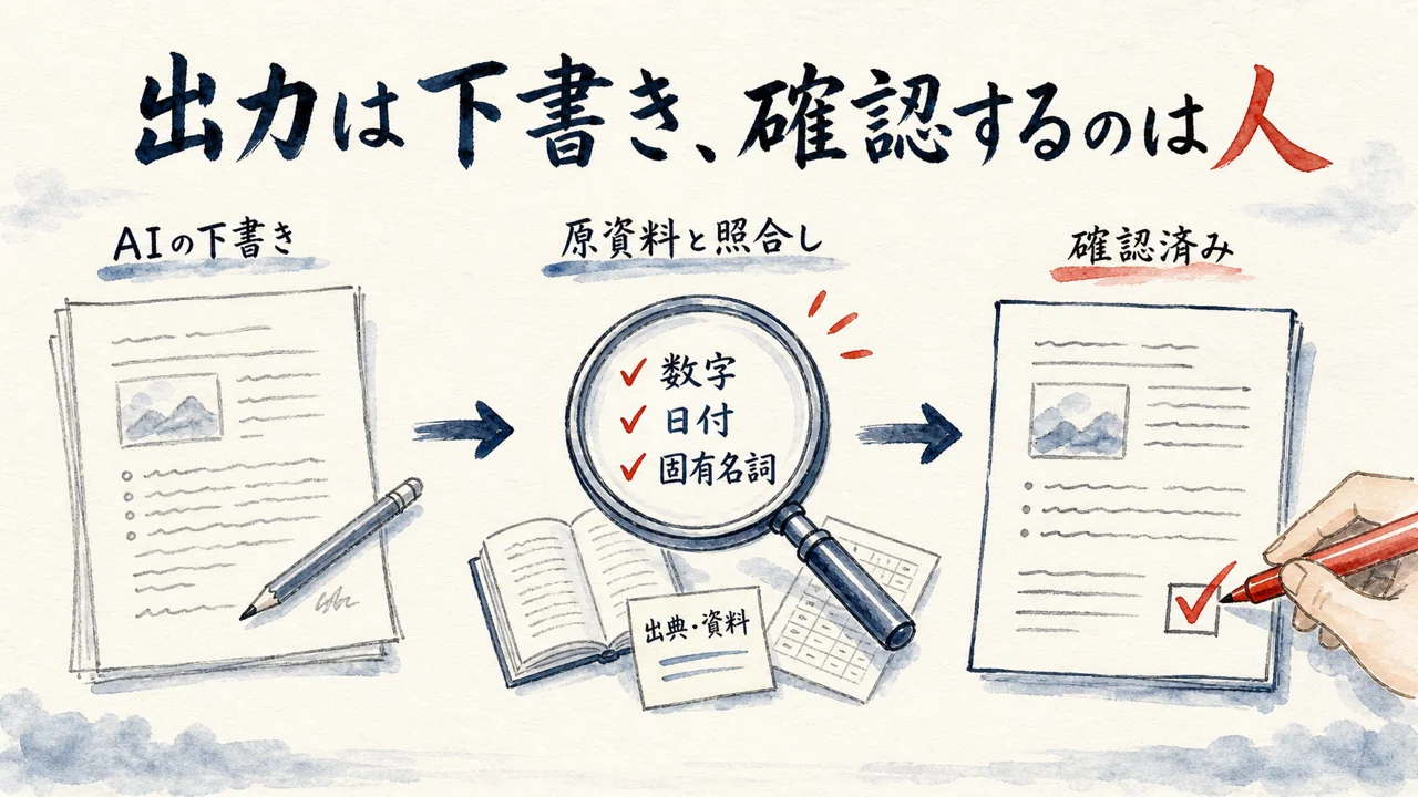 AIの下書きを原資料と照合してから確定させる図解