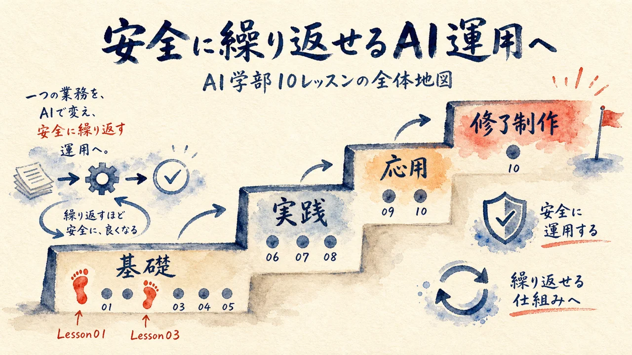 基礎・実践・応用・修了制作の4段階でLesson01と03の位置を示す階段図解