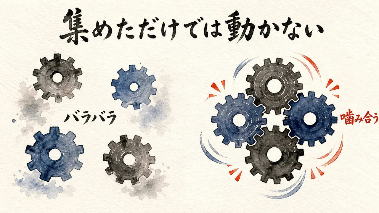 バラバラな歯車と噛み合って回る歯車を対比した図解