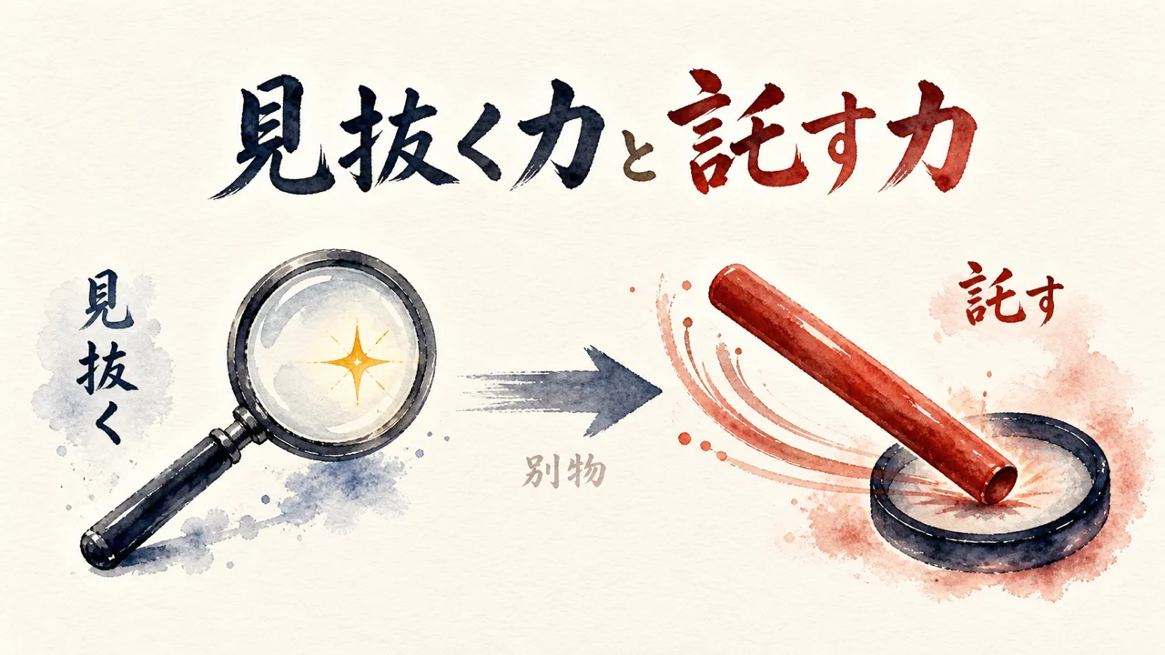 虫眼鏡で見抜きバトンを託す流れの図解
