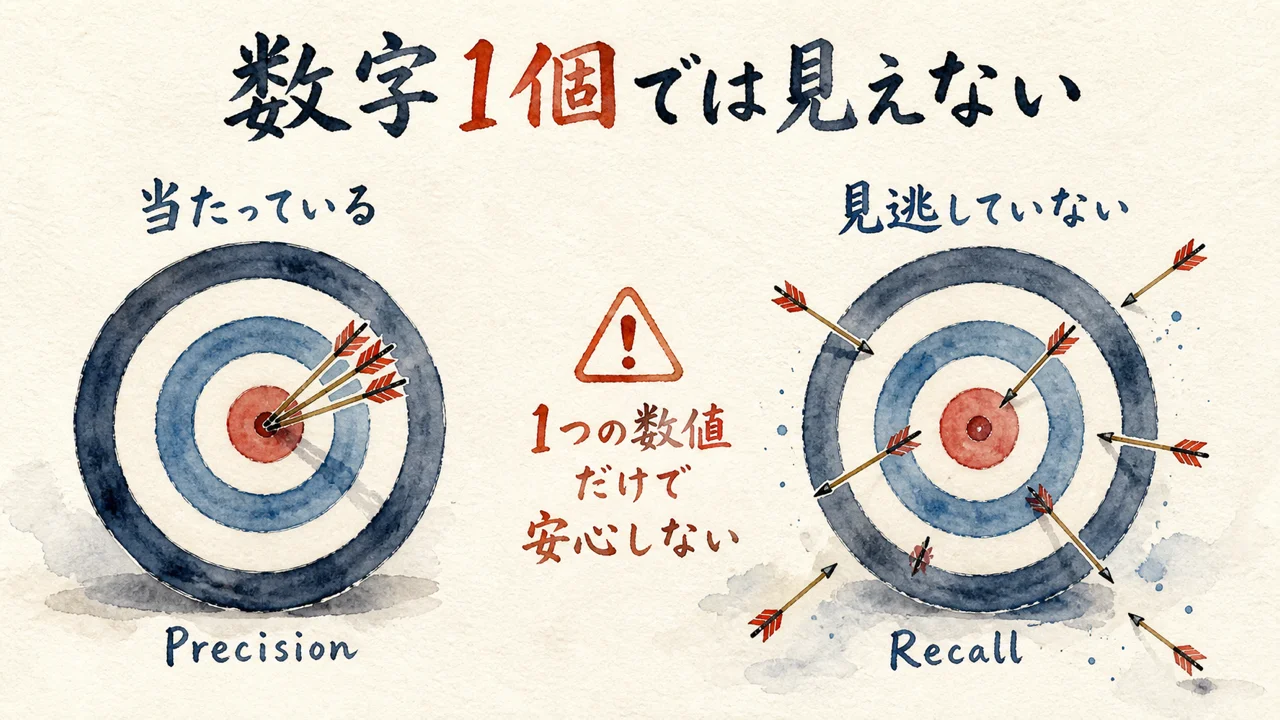 的の中心に集中する矢とばらけた矢でPrecisionとRecallの違いを示す図解