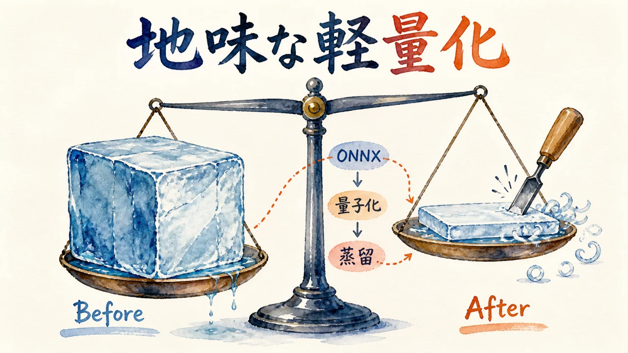 天秤の上でBeforeの大きな氷とAfterの薄く削られた氷を対比する軽量化の図解