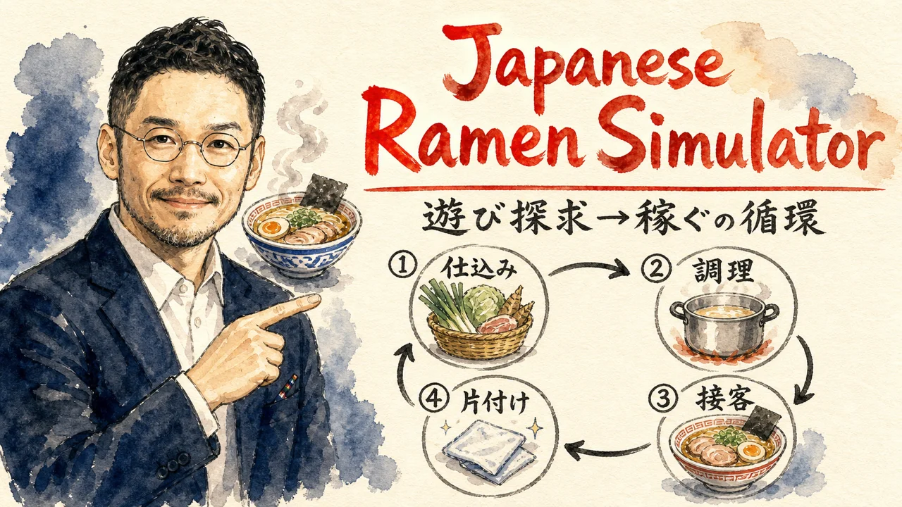 ラーメン店経営シミュレーターの作り込みと経営の循環を表す図解