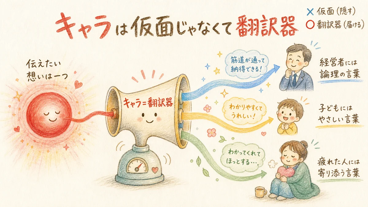キャラは仮面じゃなくて翻訳器——一つの想いを経営者・子ども・疲れた人へ違う言葉に変換する図解