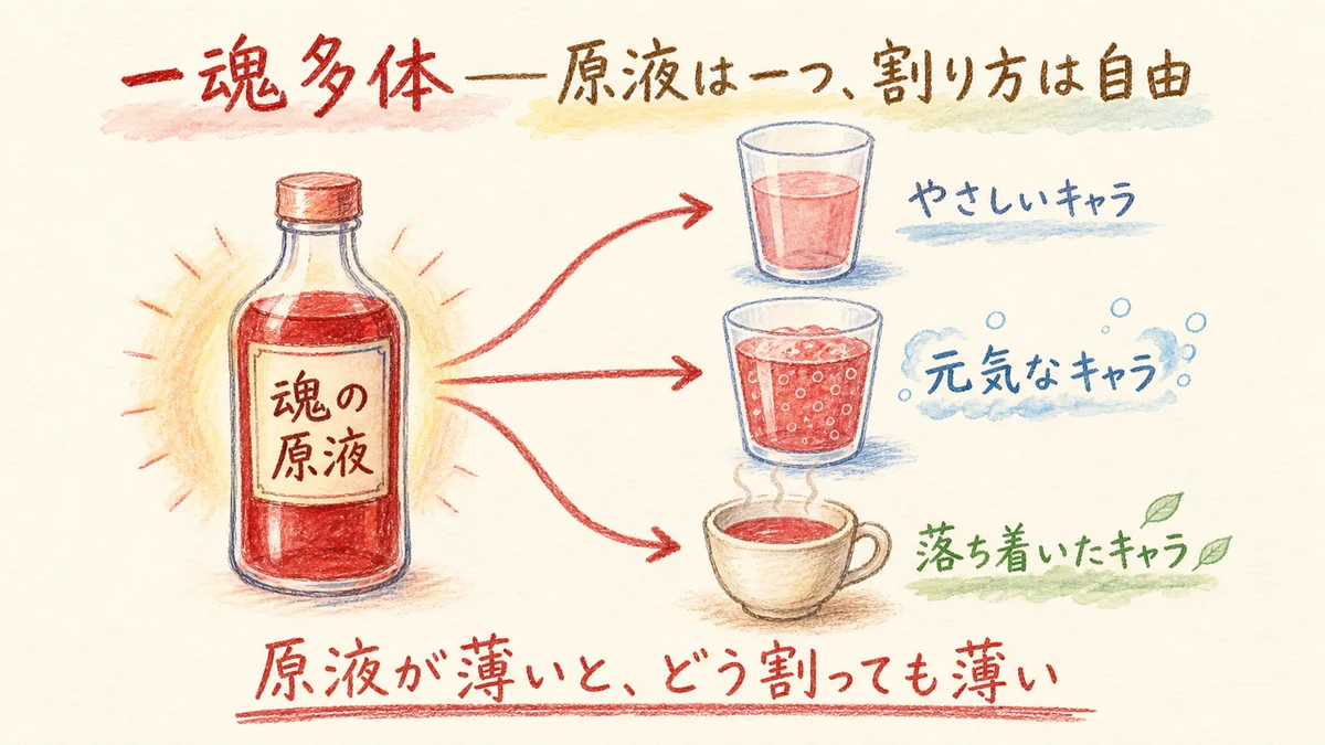 一魂多体——魂の原液は一つ、割り方(キャラ)は自由。原液が薄いとどう割っても薄い図解
