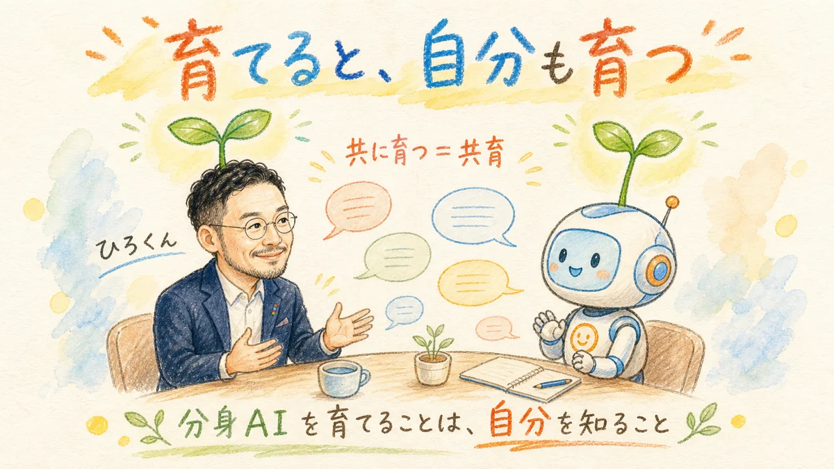 育てると自分も育つ——ひろくんと分身AIが対話して共に育つ「共育」の図解