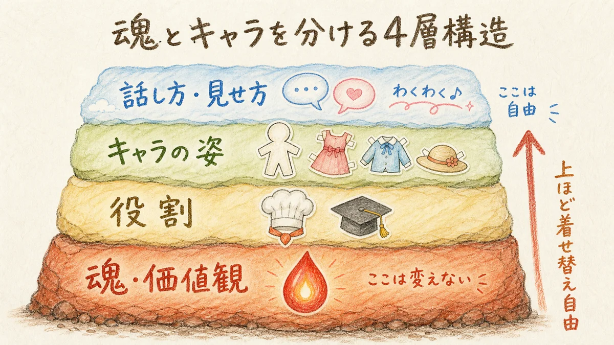 魂とキャラを分ける4層構造——魂・価値観/役割/キャラの姿/話し方・見せ方の層図解