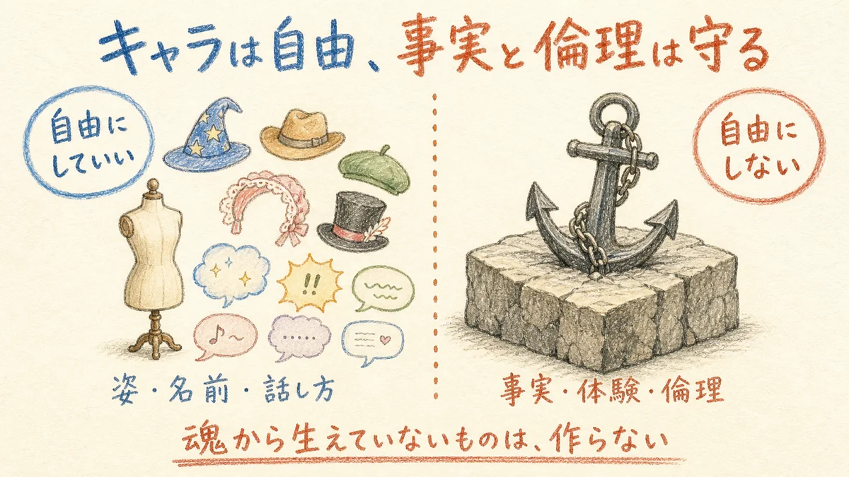 キャラは自由、事実と倫理は守る——魂から生えていないものは作らない線引きの図解