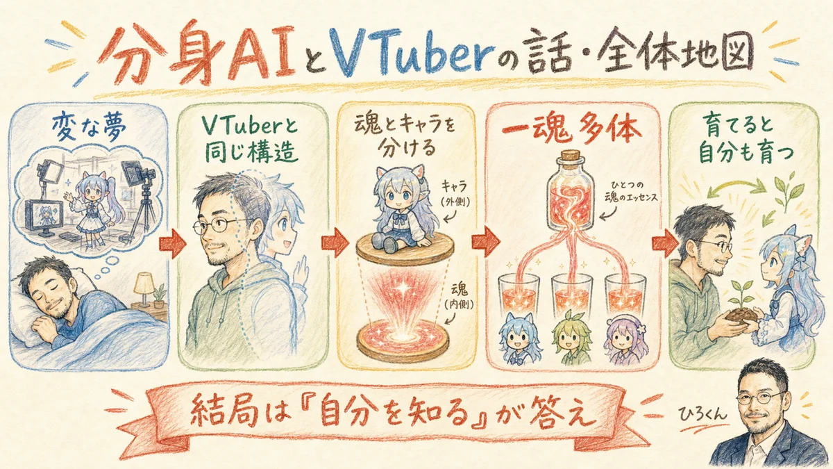 分身AIとVTuberの話・全体地図(変な夢→VTuberと同じ構造→魂とキャラを分ける→一魂多体→育てると自分も育つ)