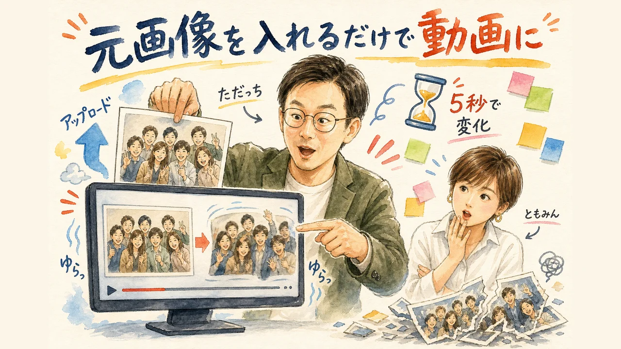 1枚の静止画が5秒の動画に変換される流れの図解